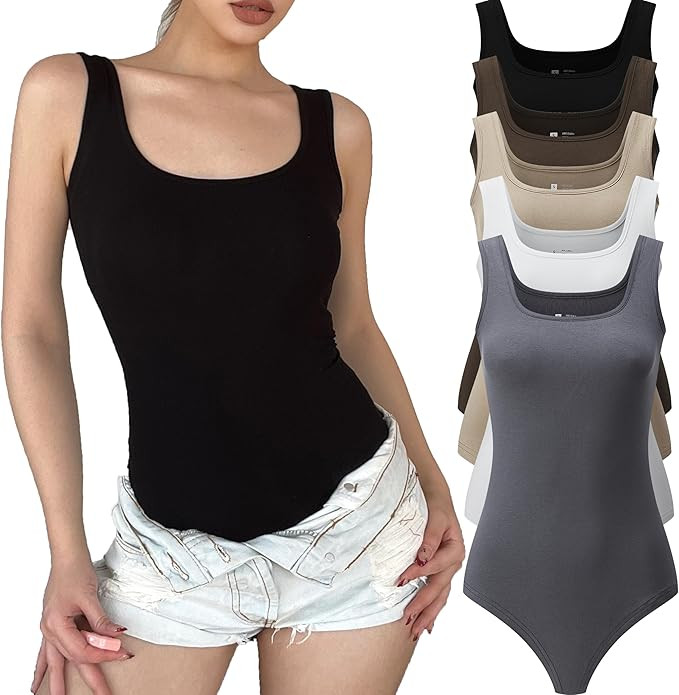 5 Pack Tank Top Bodysuit for Women Sexy Scoop Neck Sleeveless Tank Tops Bodysuits Thong Bodysuit | Amazon (US)