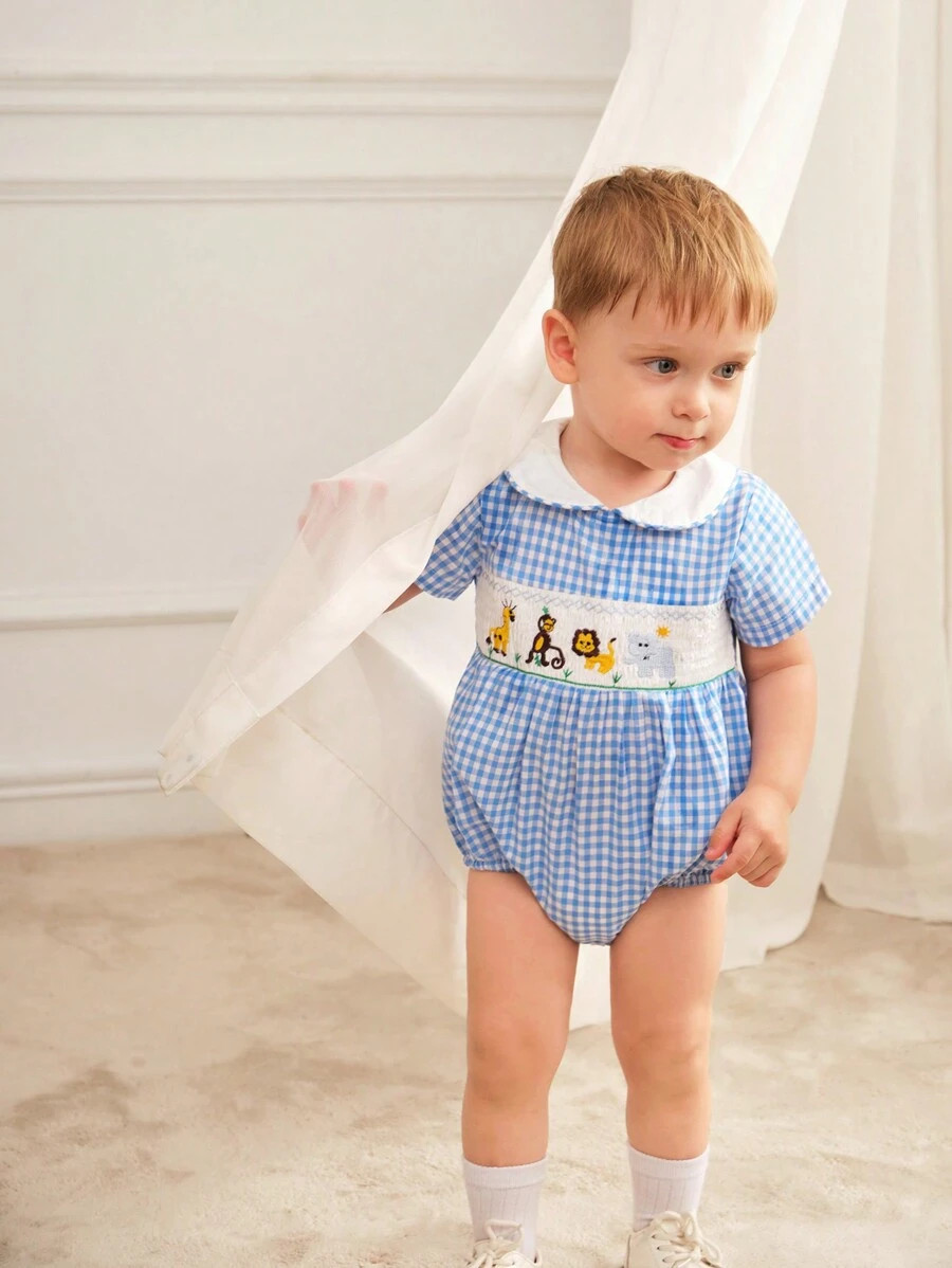 Souflis Baby Boys' French-Style Vintage Elegant Cute Animal Printed Romper With Sailor Collar Sho... | SHEIN