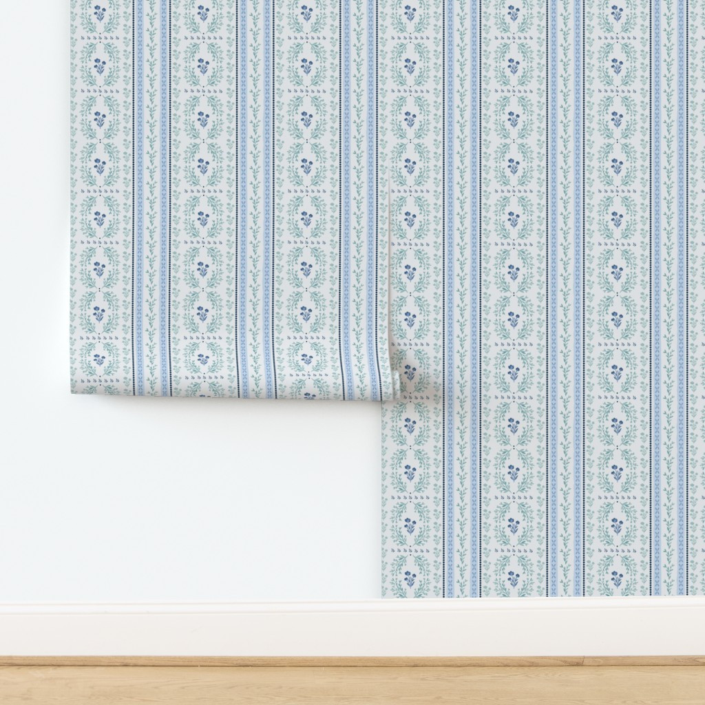 Wallpaper in Vintage Scandinavian delicate floral striped light blue and light green | Spoonflower