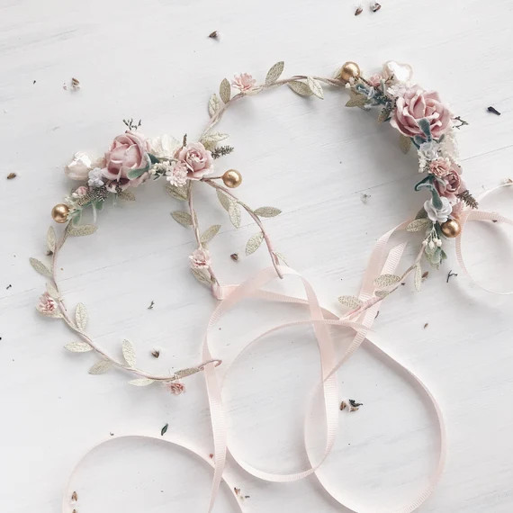 Flower crown, flower girl crown, Gold flower crown wedding, Pink flower crown for baby, flower gi... | Etsy (US)