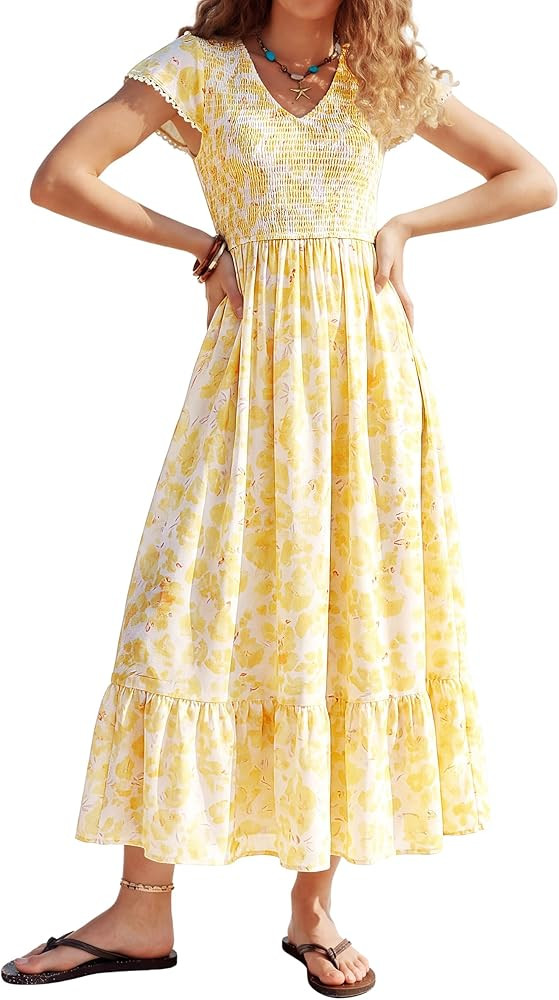 Kate Kasin Women Summer Floral Maxi Dresses 2026, V Neck Smocked Boho Sundress, Flowy Long Beach ... | Amazon (US)