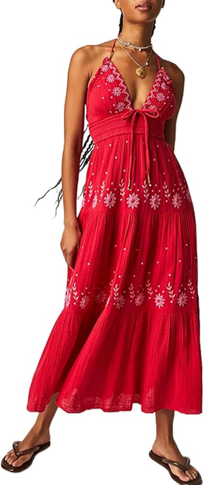 Argeousgor Boho Flowy Maxi Dress for Women Spaghetti Strap Open Back Embroidered Tiered Swing Sum... | Amazon (US)