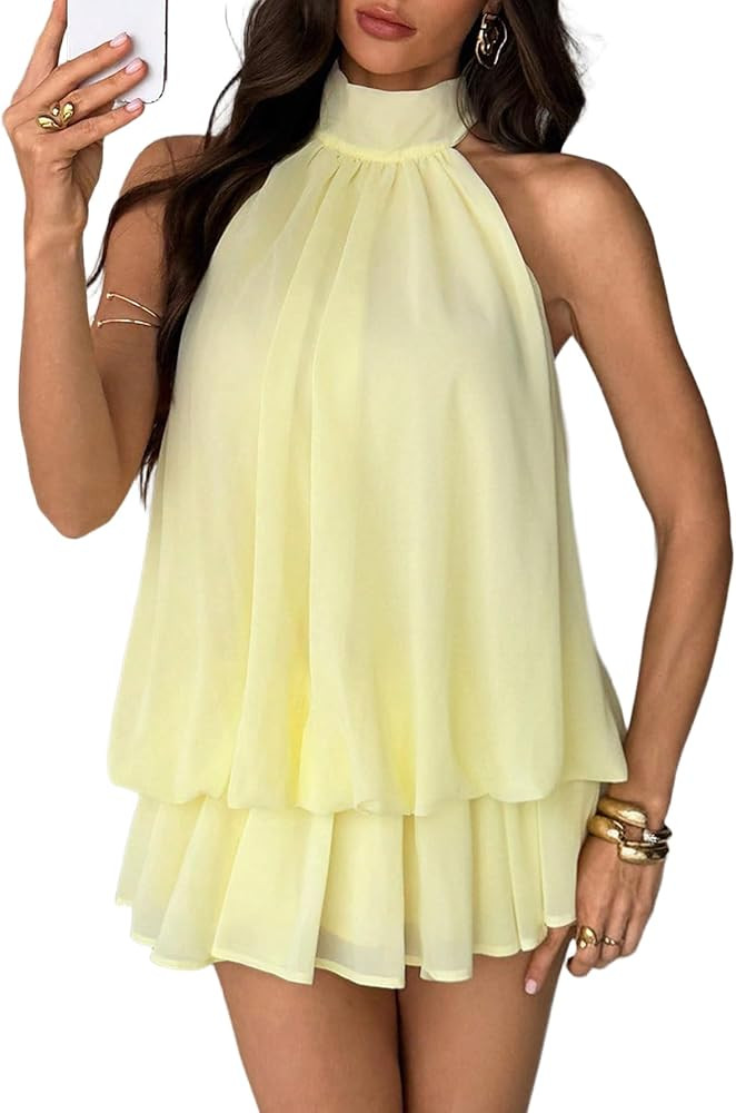 Women's Halter Dress Tie Backless Chiffon Mini Dress Going Out Dresses Ruffle Brunch Outfits | Amazon (US)