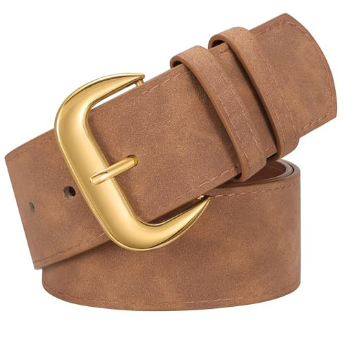 WHIPPY Wide Chunky Belt for Women Dresses Fashion Ladies Thick Suede Belt with Retro Gold Buckle, Brown, L | Amazon (US)