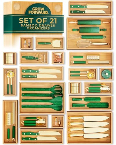 Grow Forward Bamboo Drawer Organizer Boxes - Set of 21 Wooden Drawer Organizers for Kitchen, Bathroom, Office, Desk, Vanity, Makeup - Non-Slip Junk Drawer Organizer Trays for Storage and Organization | Amazon (US)