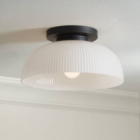 Possini Euro Novia 14"W Black Ceiling Light with White Glass - #5718H | Lamps Plus | Lamps Plus