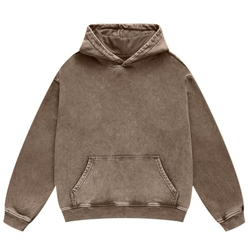 FAIABLE Acid Wash Hoodie Unisex Oversized Vintage Hoodies Heavyweight Distress Washed Sweatshirt Fleece Cotton Hoodie for Men Women Couples Streetwear College Coffee Brown | Amazon (US)