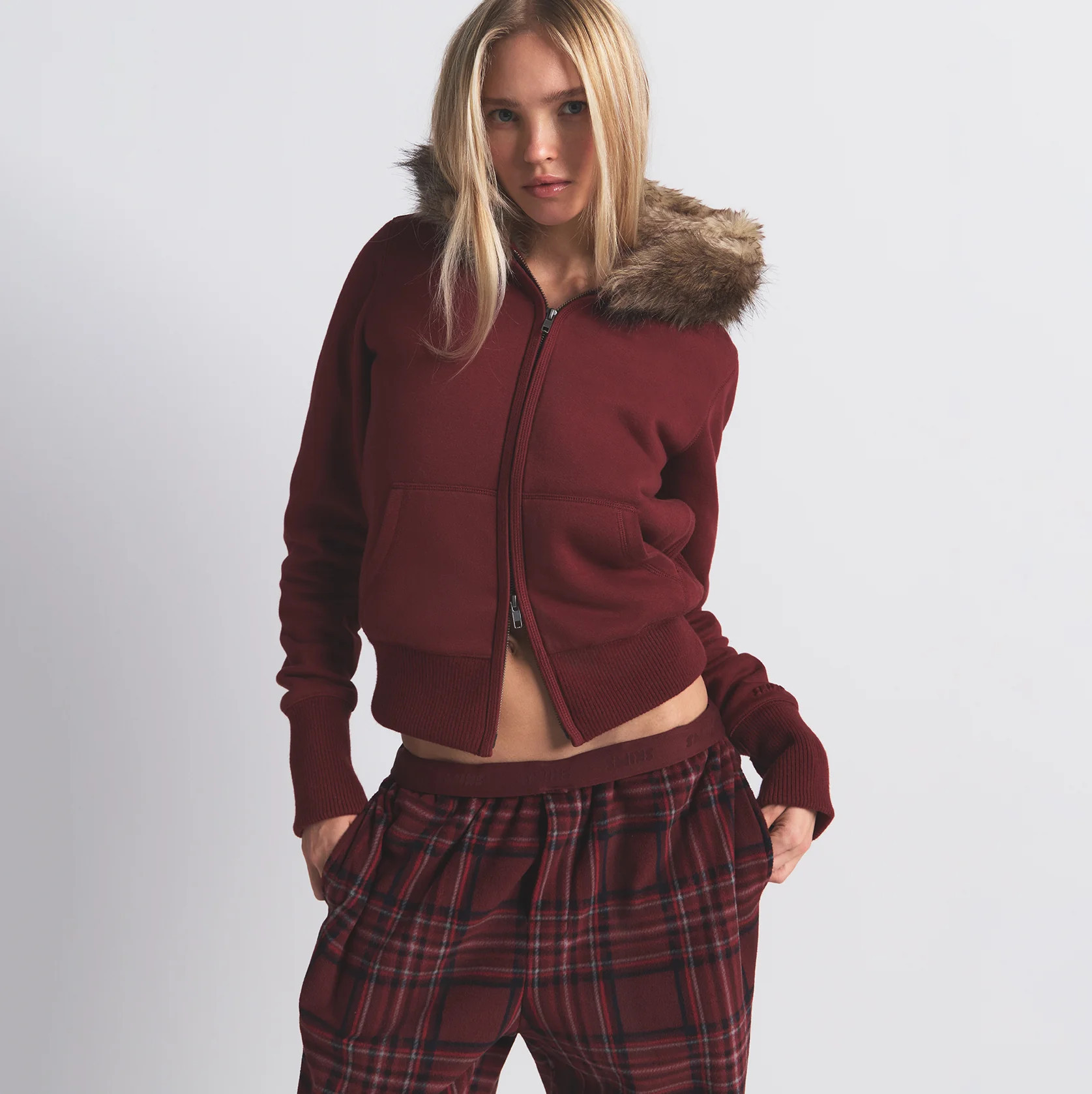 SKIMS Faux Fur Lined Zip Up Hoodie | Red | Large | Cotton Fleece | SKIMS (US)