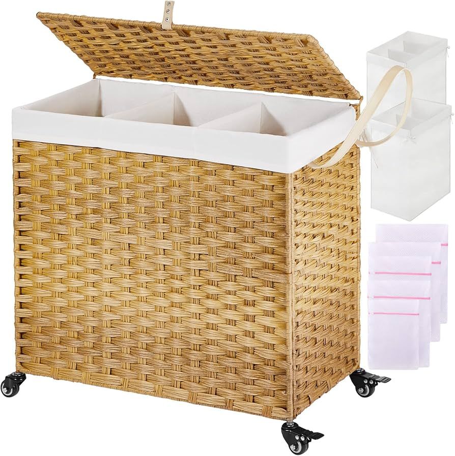 Greenstell Laundry Hamper with Wheels&Lid, 125L Large 3 Sections Clothes Hamper with 2 Removable ... | Amazon (US)