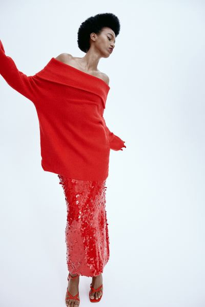 Jersey off-the-shoulder en punto de canalé - Rojo - MUJER | H&M ES | H&M (FR, IT, ES, PT, BE)