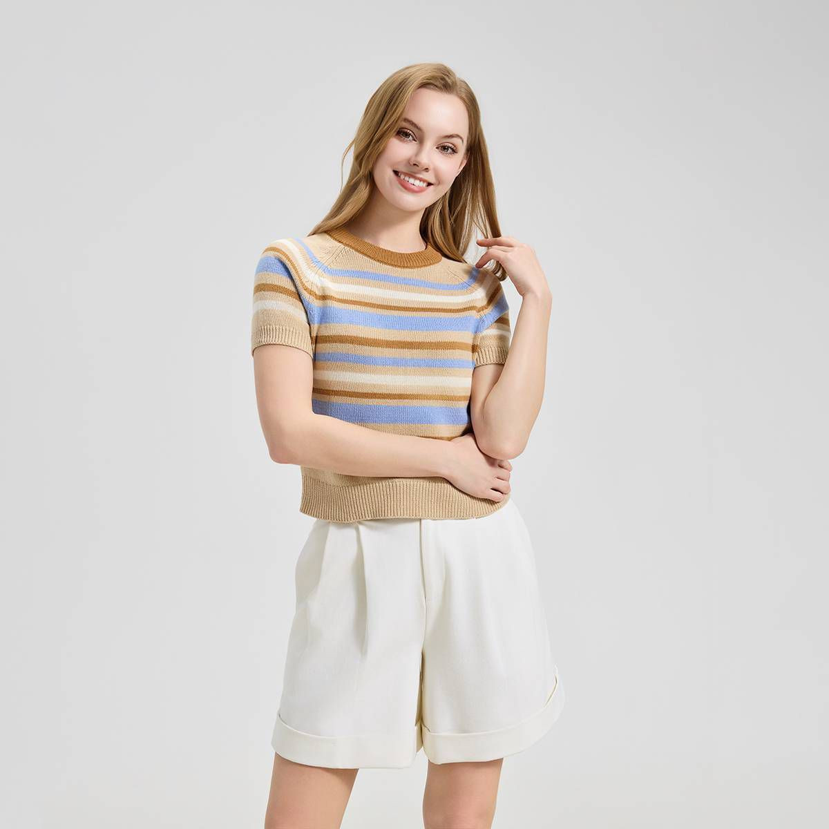 Women's Short Sleeve Sweater T-Shirt - A New Day™ Tan Striped L | Target