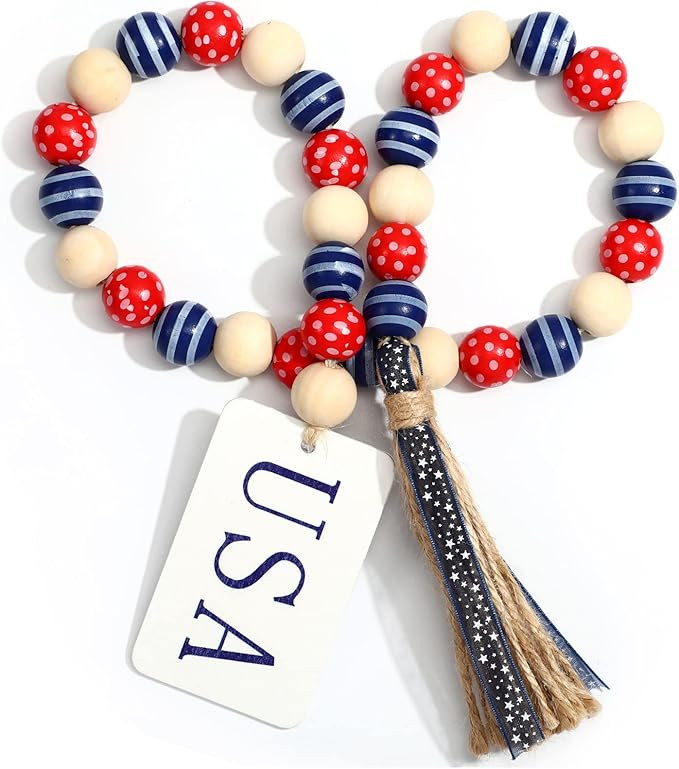Jetec 4th of July Red White Blue Bead Garland 250th Patriotic Wood Tassle Bead Decorations Red Bl... | Amazon (US)