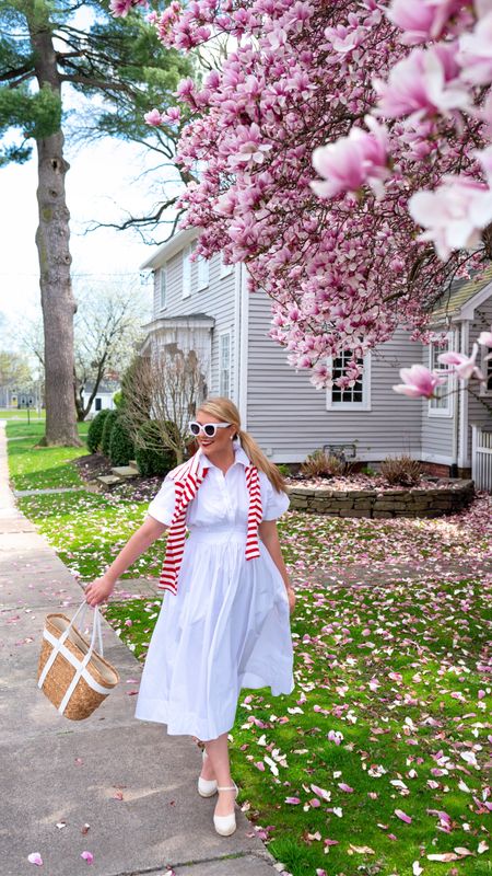 This white midi dress is so perfect for spring—love it paired with espadrilles, and striped sweater on the shoulders, and a great straw tote bag. 

#LTKover40 #LTKmidsize #LTKSeasonal