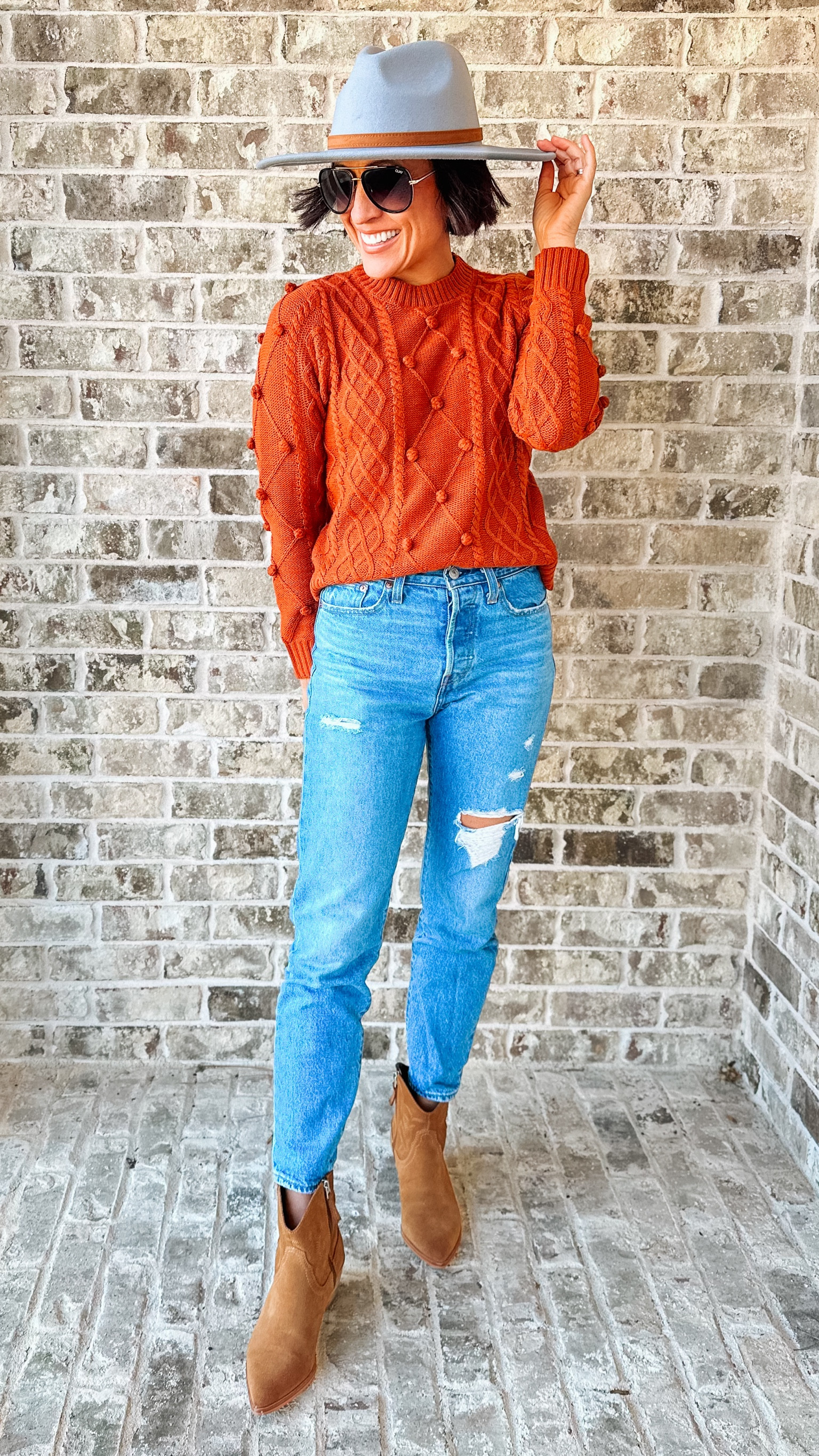 Cowboy chic. Winter style. Winter outfit. Sweater season. Mom jeans. Pom pom sweater. Chunky sweater. Fedora. Fedora hat outfit. Mom look. Boots. Booties. Cowboy boots. Cowboy booties  

#LTKshoecrush #LTKSeasonal #LTKover40