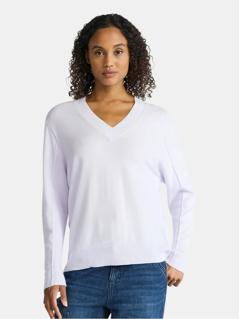 Time and Tru Women's Ribbed Panel V-Neck Sweater with Long Sleeves, Midweight, Sizes XS-XXXL | Walmart (US)
