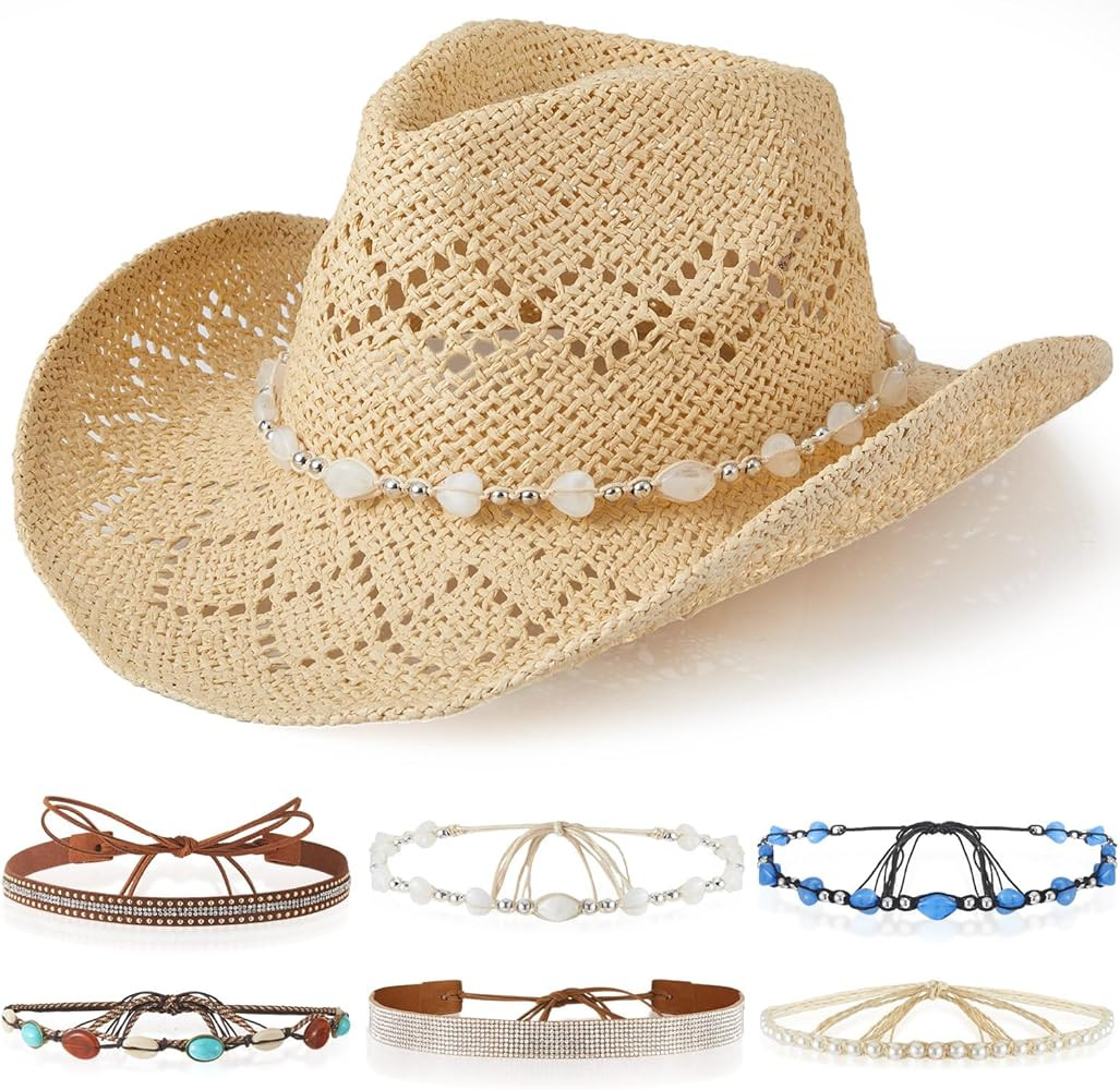 Cowboy Hat for Women Men Cowgirl Hat with 6 Replacement Hat Belts Bands Western Hat for Party | Amazon (US)