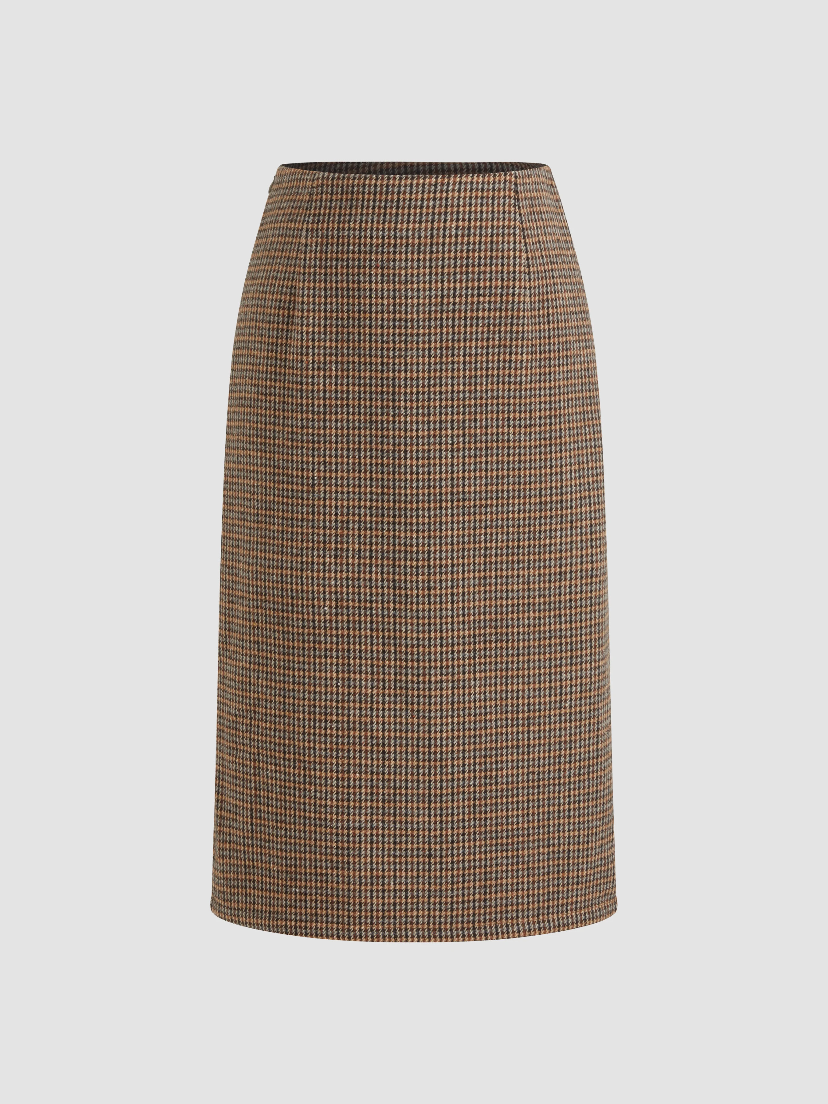 Wool-like fabrics Wool-look Mid Rise Houndstooth Split Midi Skirt For Work | Cider