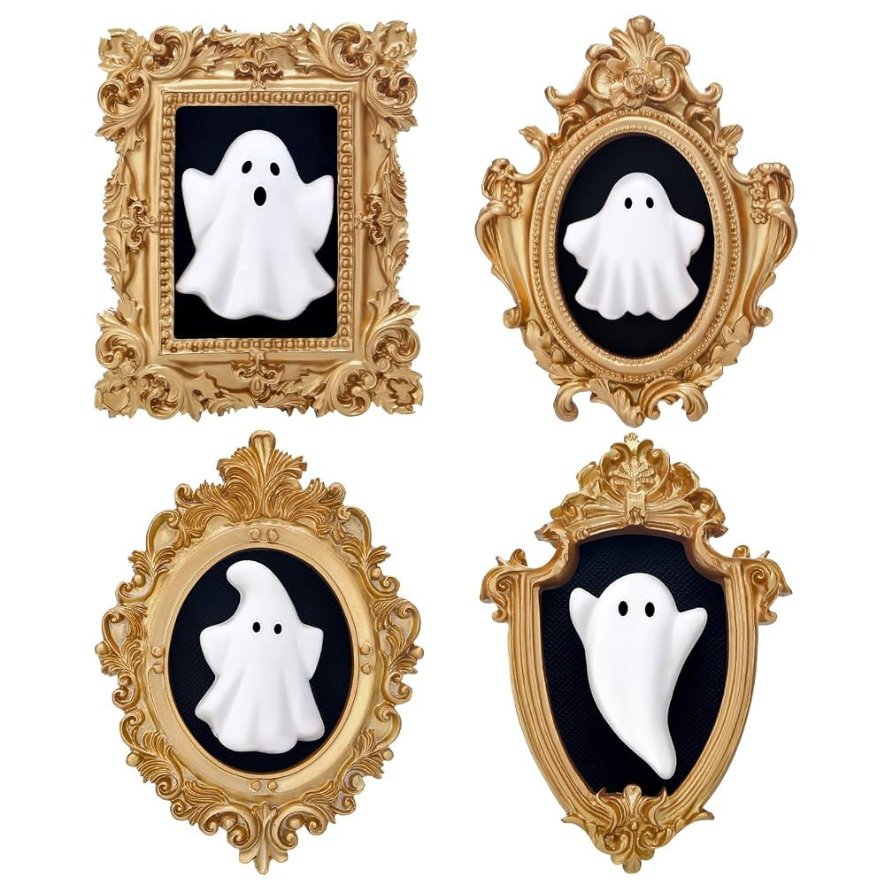 4 Pcs Halloween 3D Ceramic Ghosts with Vintage Resin Framed Mini Cute Sculpture Statue Wall Decor... | Amazon (US)