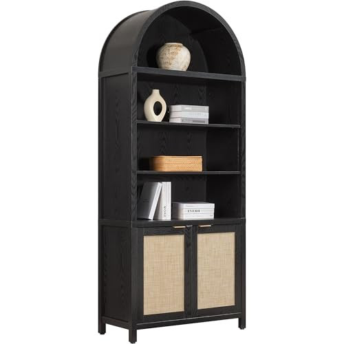 SICOTAS Book Shelf Arched Cabinet Bookshelf Arch 84.2" Tall Bookcase 5 Tier Large Bookshelves with Doors Storage Rattan Boho Wide Book Shelves Case for Living Room Kitchen Office Bedroom Library | Amazon (US)