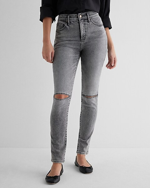 High Waisted Gray Wash Knee Cutout '90s Skinny Jeans | Express