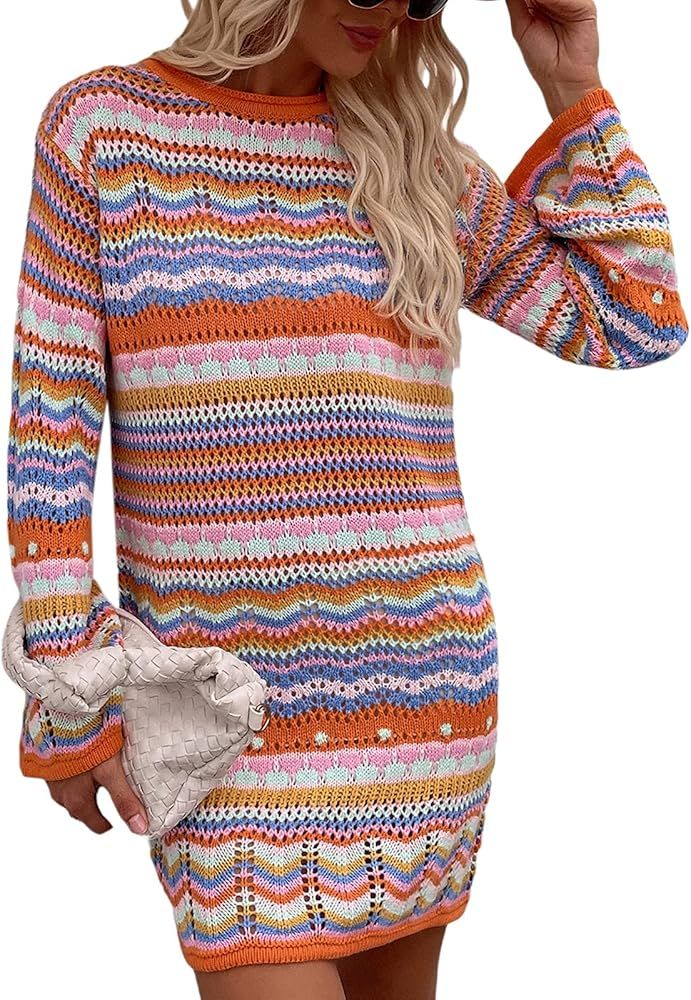 Fabumily Women Crochet Knit Mini Dress Long Sleeve Colorful Mesh Cover Ups Casual Sweater Dress S... | Amazon (US)