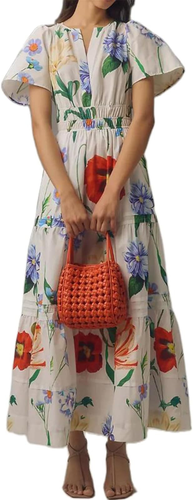 Women Boho Maxi Dress Short Sleeve V Neck Floral Print Loose Flowy Long Dress Aline Tiered Ruffle... | Amazon (US)