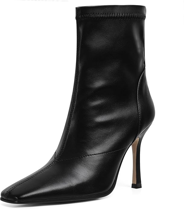Leather Ankle Boots for Women High Heels Stiletto Square Toe Fashion Side Zipper Winter Fall Shor... | Amazon (US)