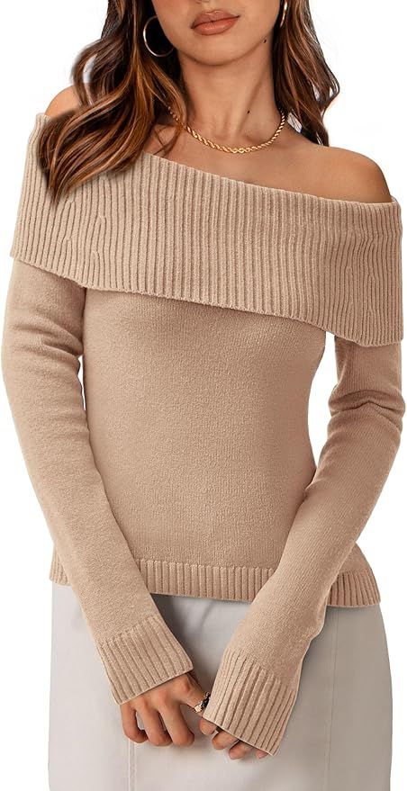 PRETTYGARDEN Women's Fall Off Shoulder Sweaters Y2K Long Sleeve Ribbed Knit Fitted Pullover Tops ... | Amazon (US)