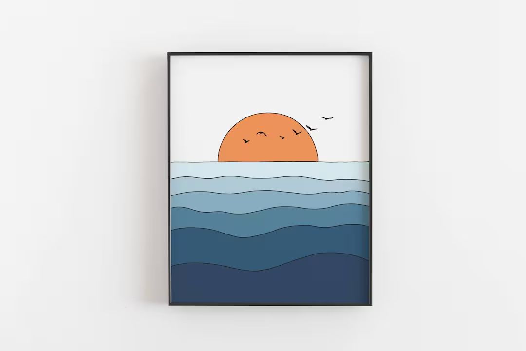 Sunset Print Ocean Poster, Mid-century Abstract Landscape Art, Minimalist Line Art, Beach House D... | Etsy (US)