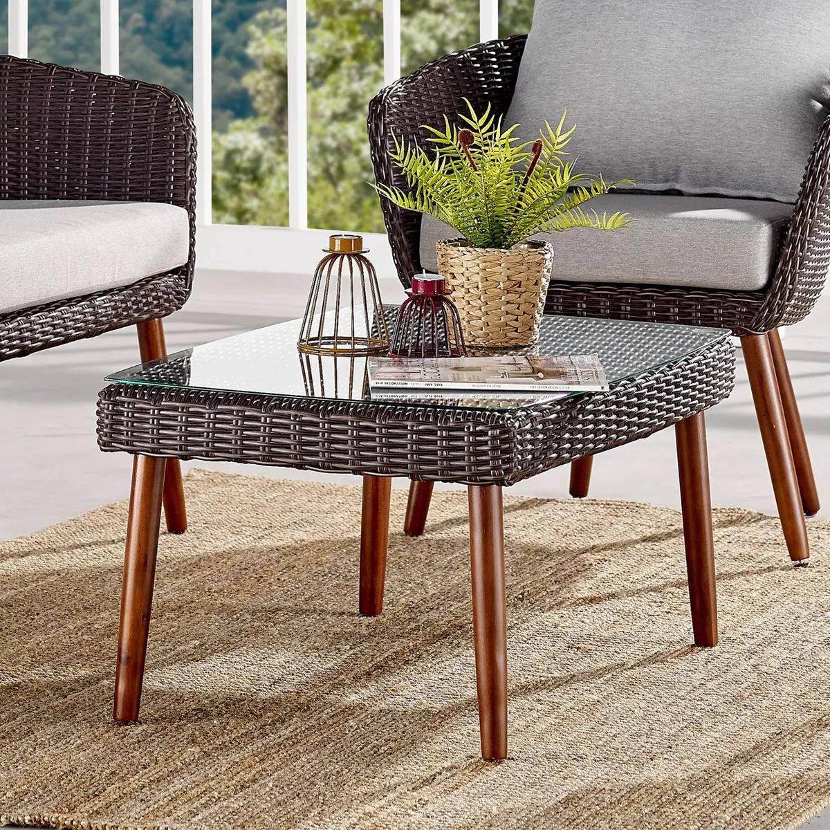 All-Weather Wicker Athens Outdoor Coffee Table with Glass Top Brown - Alaterre Furniture | Target