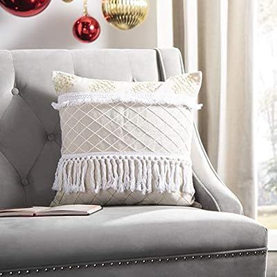 Safavieh Home Gurti White and Beige Boho Fringe Tassel 18-inch Decorative Pillow Pillow | Amazon (US)