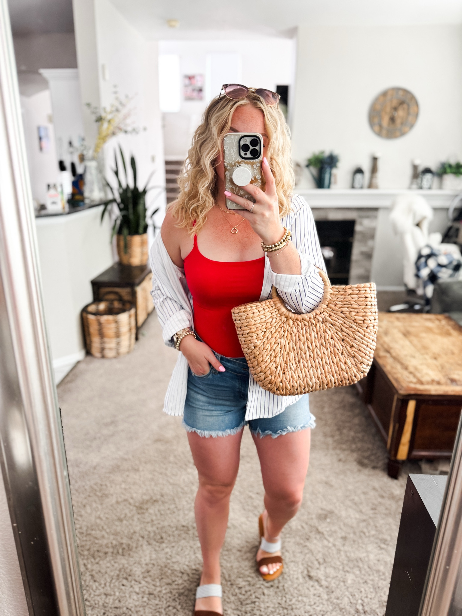 Striped button down shirt, red cami tank top, denim shorts, straw tote bag, and striped sandals (runs small, I went up half a size)





Amazon outfits every outfit inspo, outfit ideas, casual outfits amazon, amazon outfits every day, spring outfits 2026, summer outfits, red white and blue outfit

#LTKootd #LTKSaleAlert #LTKPetite