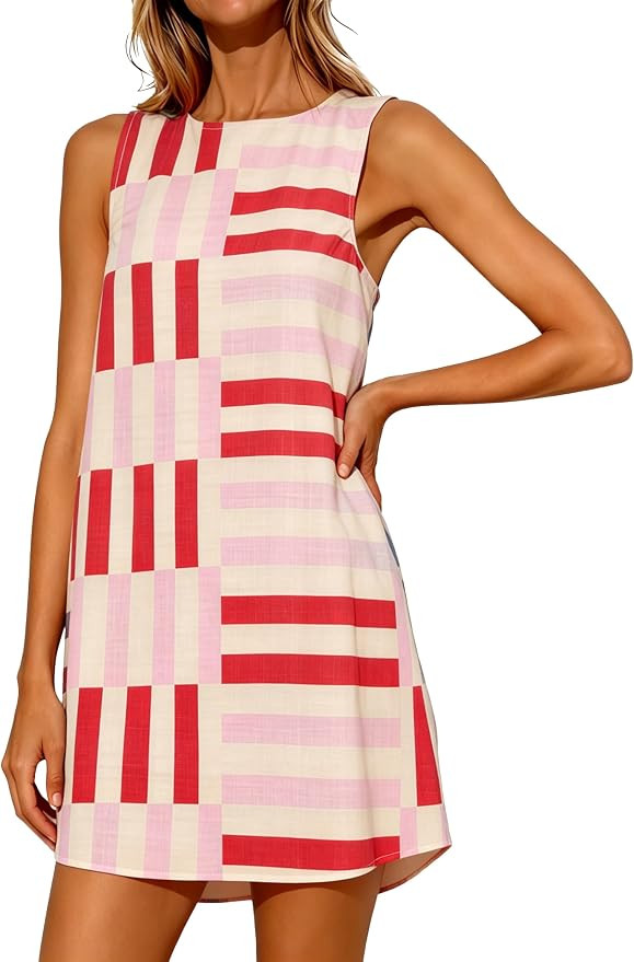 Women's Summer Boho A-Line Mini Dress Sleeveless Color Block Sundress Casual Beach Coverup Dress | Amazon (US)