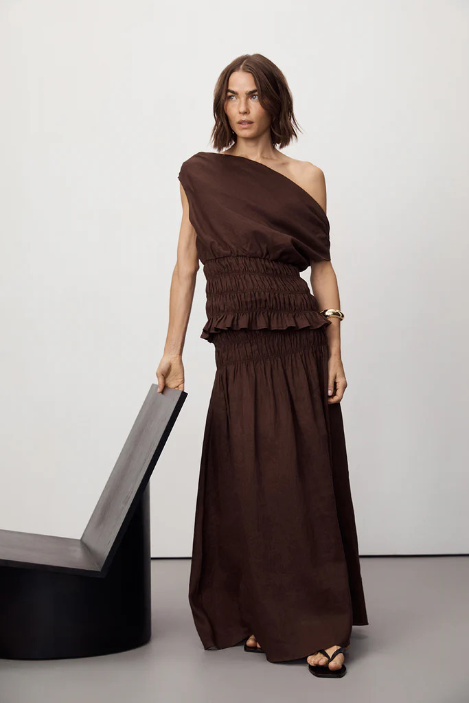 MAIA COCOA LINEN SHIRRED MIDI SKIRT | DISSH