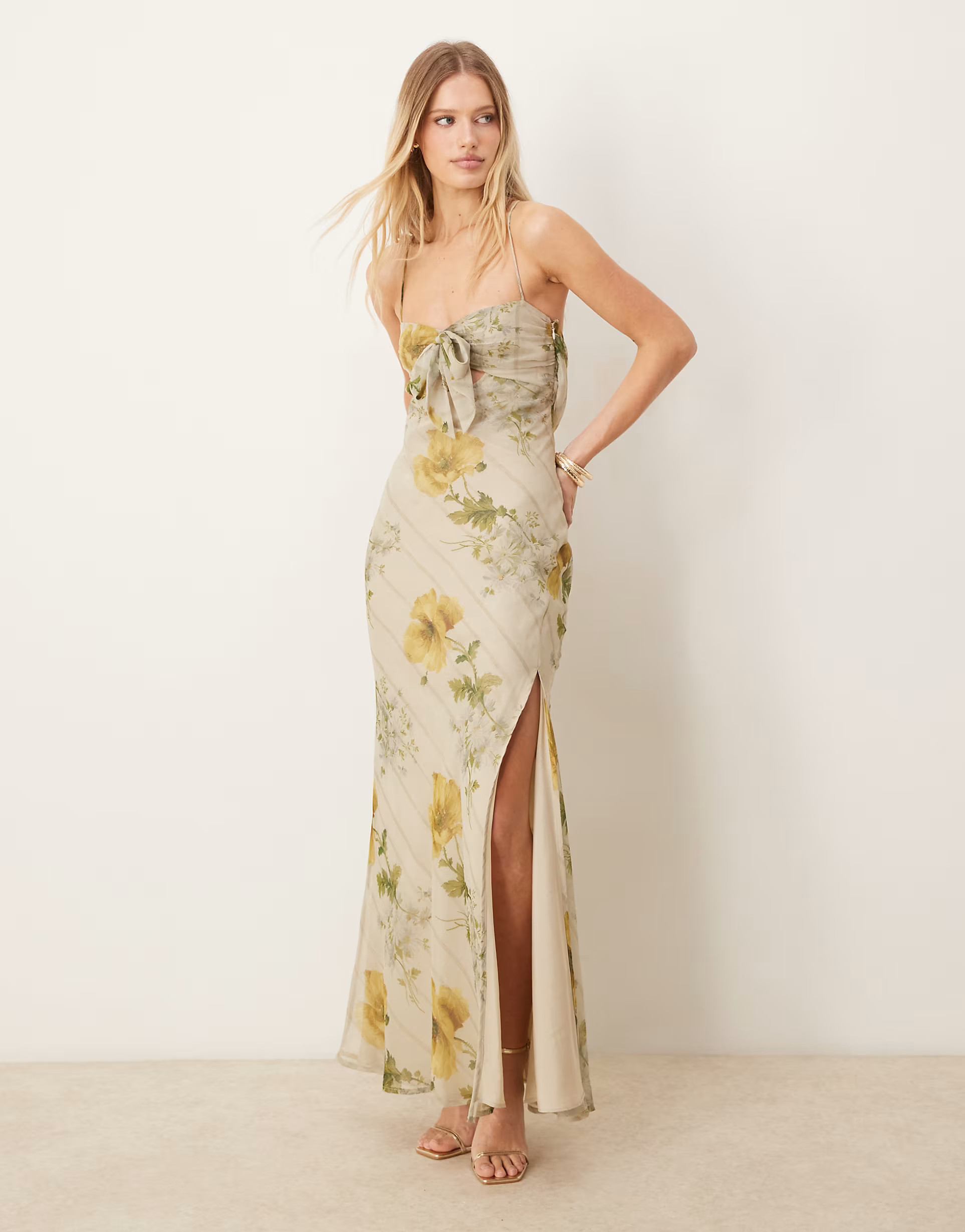 ASOS DESIGN satin bust bow front chiffon maxi dress in yellow floral print | ASOS | ASOS (Global)