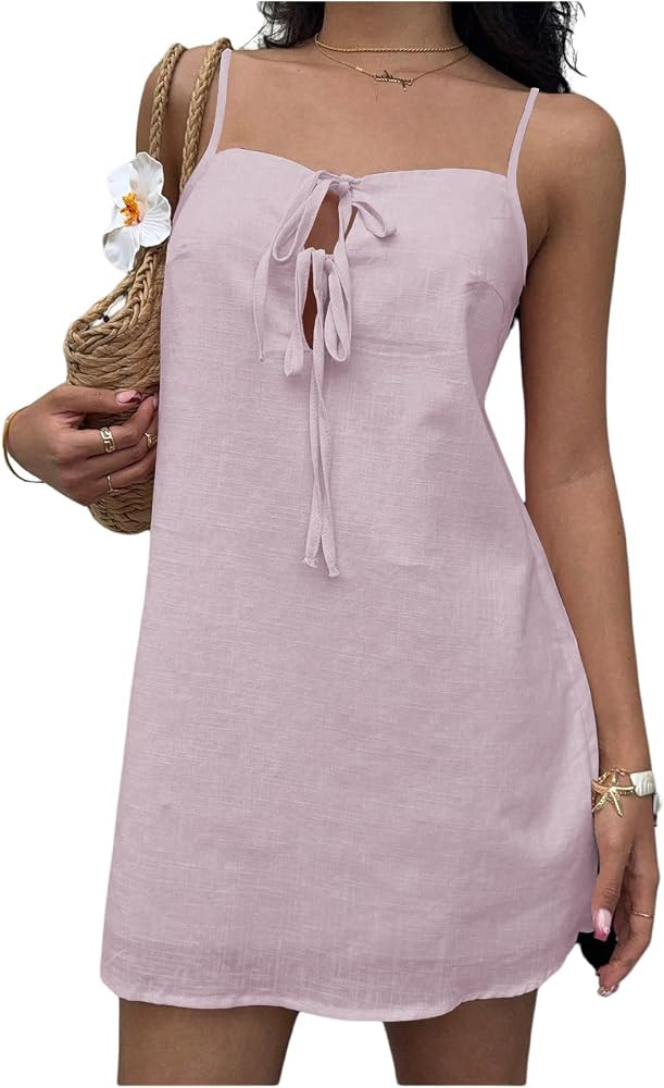 Floerns Women's Summer Tie Front Cami Dress Spaghetti Strap Vacation Mini Dresses | Amazon (US)