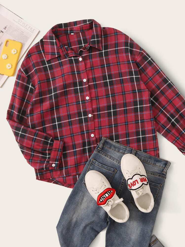 Plaid Button Front Curved Hem Blouse | SHEIN