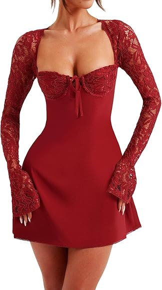 LOVHOT Figurbetontes Minikleid für Damen, Y2K, quadratischer Ausschnitt, lange Ärmel, Bustier, ... | Amazon (DE)
