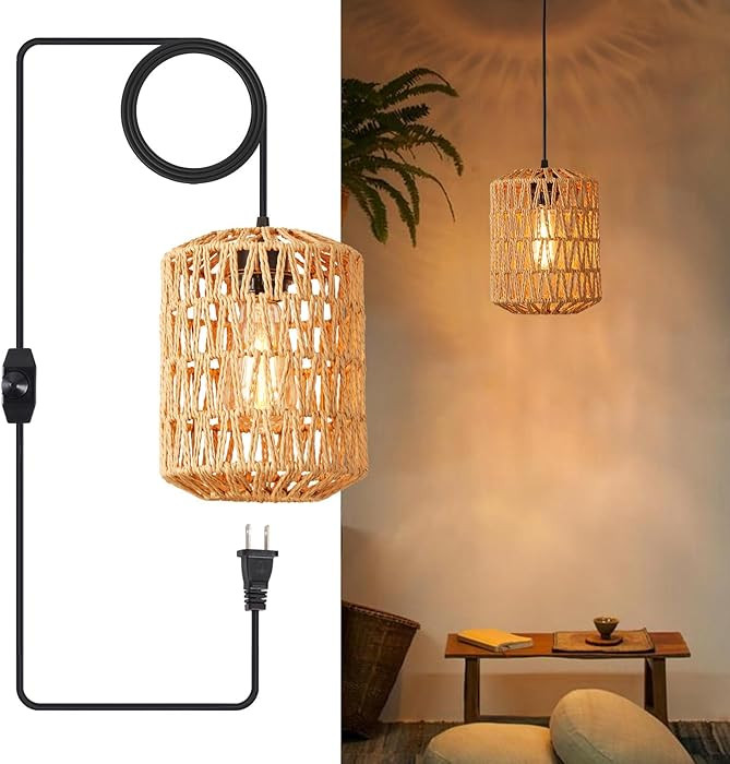 Plug in Pendant Light, Rattan Hanging Lights with Plug in Cord 15ft Dimmable Cord, Hand Woven Wic... | Amazon (US)