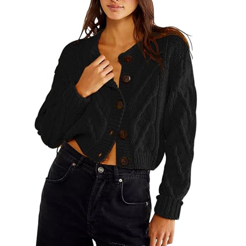 Cable Knit Cropped Cardigan Button Up Long Sleeve Solid Chunky Cardigan Sweaters Sweater Coat for Women (Black,Small,Small) | Amazon (US)