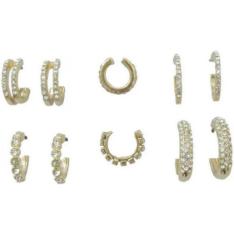 Time and Tru Women's Gold Tone Faux Crystal Hoop Earring and Ear Cuff Set, 6-Piece | Walmart (US)