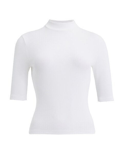 Essential Fitted Ribbed Mock Neck Elbow Sleeve Tee | Express