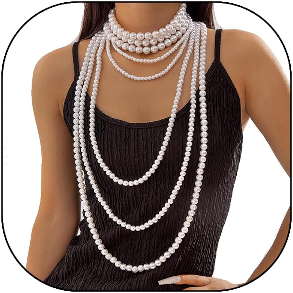 Long Pearl Beaded Necklace Layered Big Small Beads Pearl Necklaces Multi Strand Pearls Necklaces ... | Amazon (US)