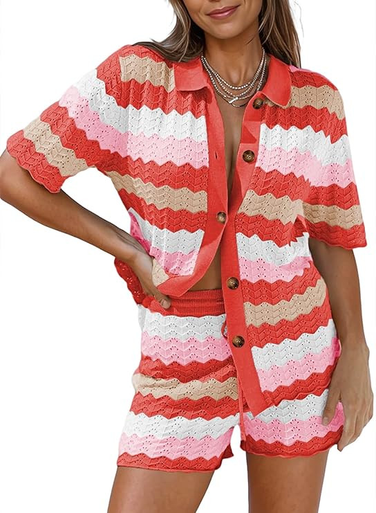 Pink Queen Women Knit Shorts Set 2 Piece Outfits Short Sleeve Button Down Sweater Top and Shorts ... | Amazon (US)