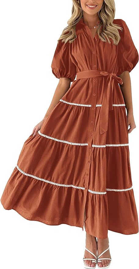 PRETTYGARDEN Women's Summer Button Down Shirt Dress Short Puffy Sleeve Tiered Ruffle Flowy Long M... | Amazon (US)