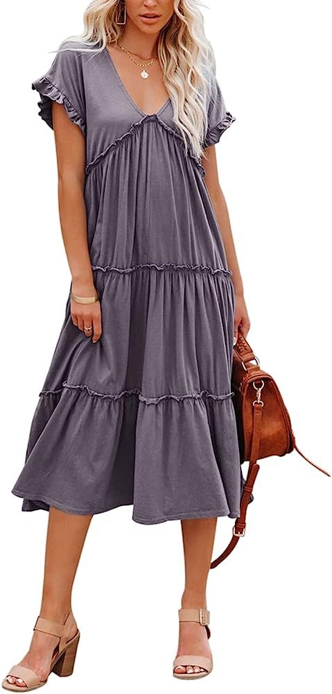 Fazortev Womens Summer Deep V Neck Short Sleeve Tiered Midi Dress Cute Smocked Ruffle Loose Casua... | Amazon (US)