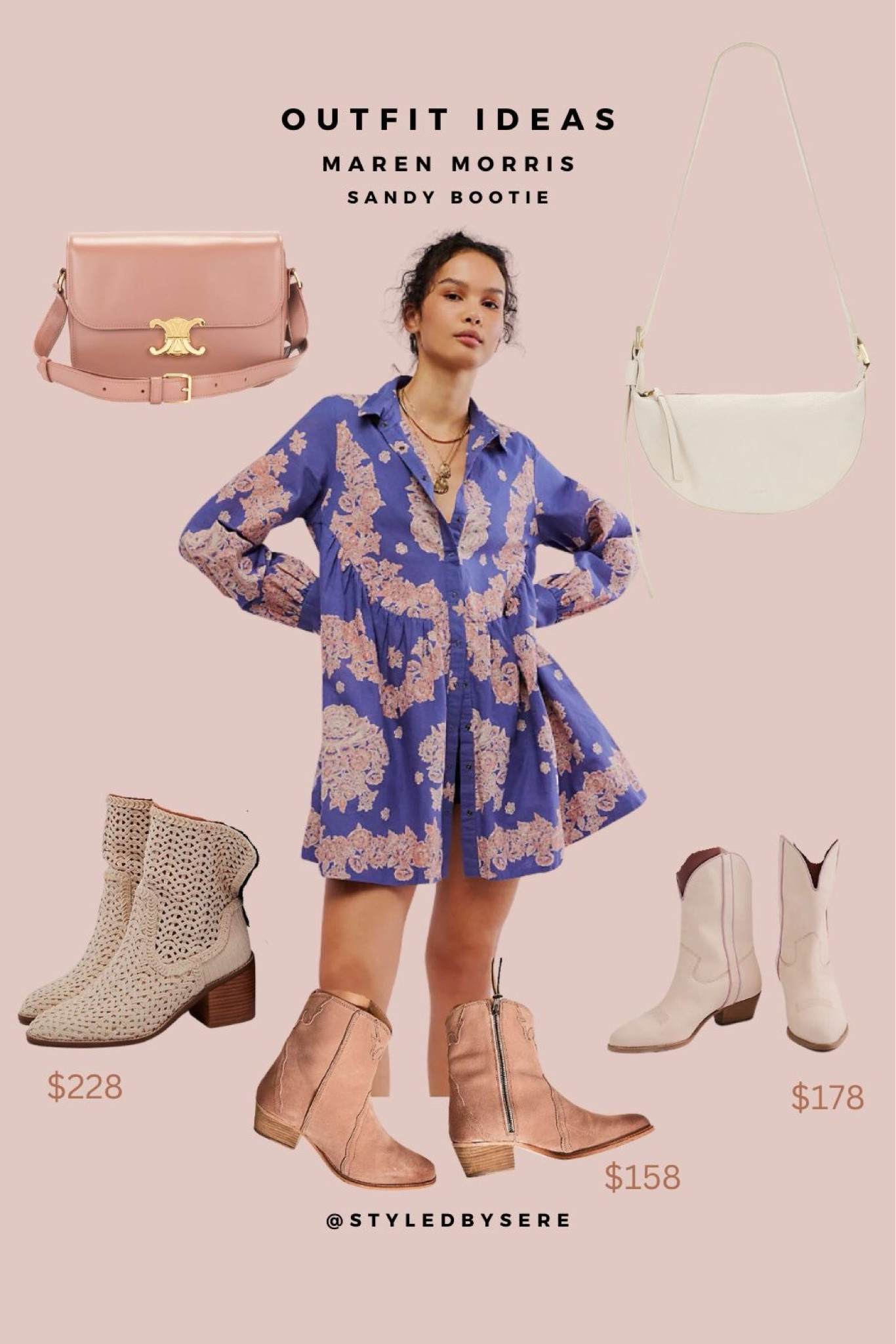 Country Concert: Sandy Booties
.

Play on the color of the outfit with some off white / sandy / pinky booties. Three options in this genre: 1. a relaxed, textured bootie to bring character and feel to the look. 2. Pinky suede western style booties to draw out the pinks in the dress, for a really girlie feel. 3. an off-white higher ankle bootie with a pink pinstripe accent for a hint of fun with the most 'western' style feel.

#LTKStyleTip #LTKShoeCrush #LTKParties