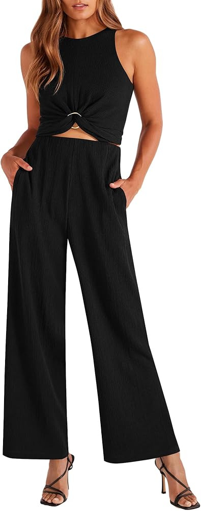 ZAFUL Women Two Piece Pajamas Set O Ring Solid Ribbed Knit Crop Tank Top Wide Leg Pants Loungewea... | Amazon (US)