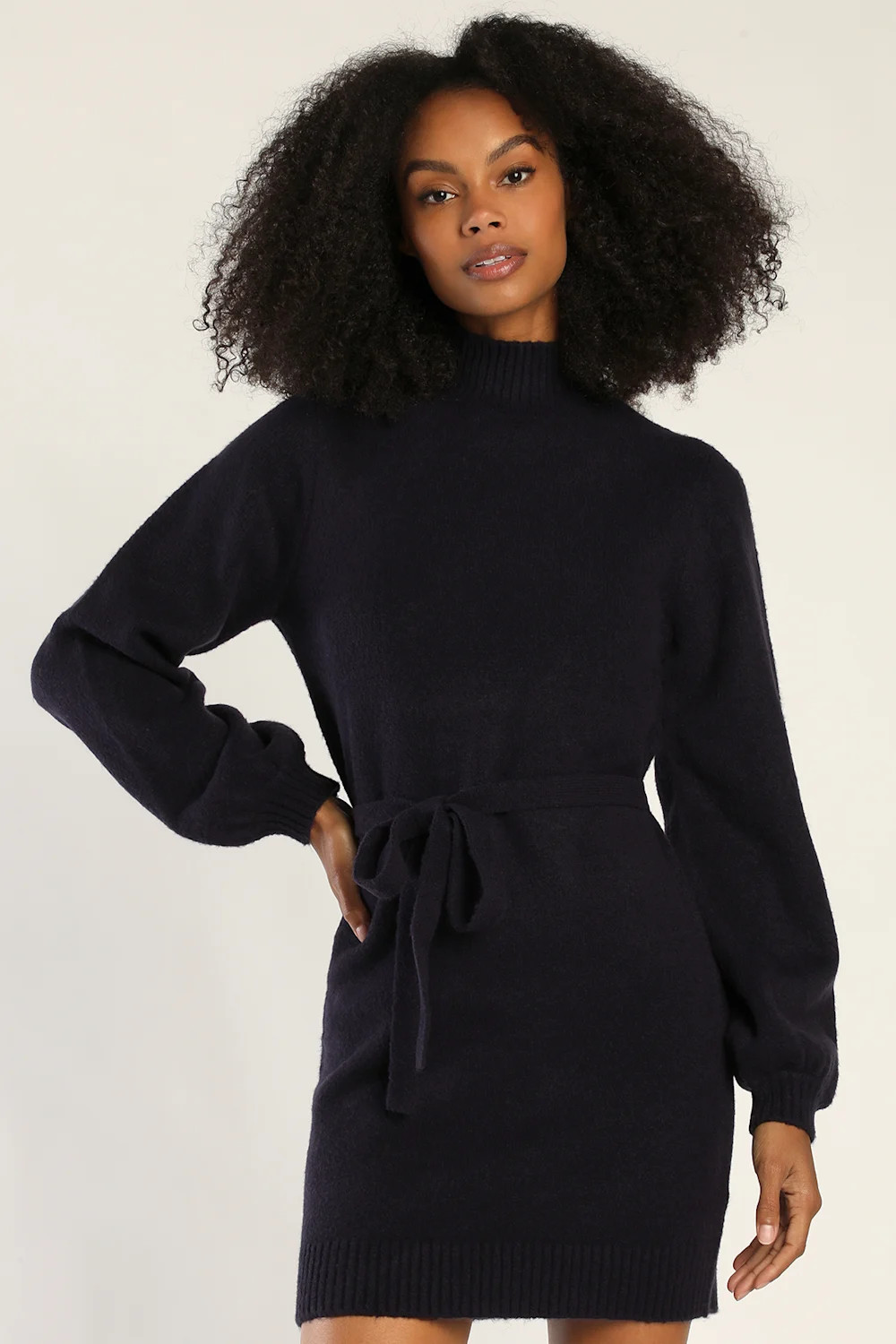 Chilly Day Cutie Navy Blue Mock Neck Long Sleeve Sweater Dress | Lulus (US)