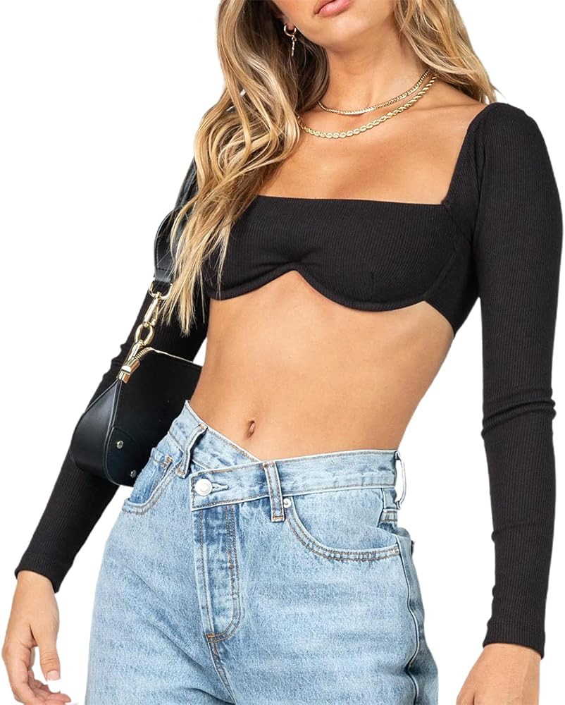 Women’s Bandage Crop Top Long Sleeve Sexy Square Neck Bustier Shirts Basic Slim Cutout Pullover... | Amazon (US)